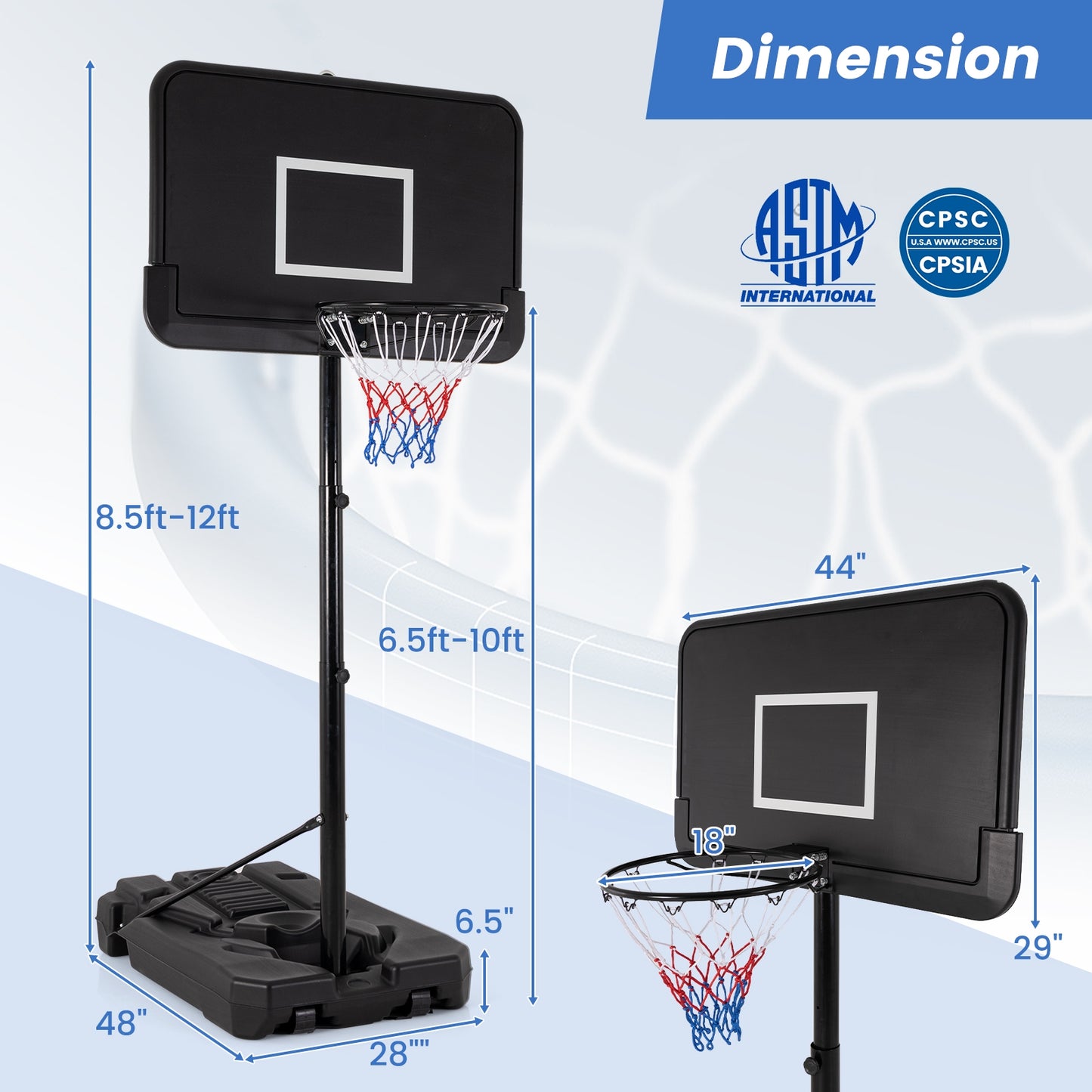 6.5-10 FT Adjustable Portable Basketball Hoop with 44 Inch Shatterproof Backboard and Fillable Base Kids Crystal
