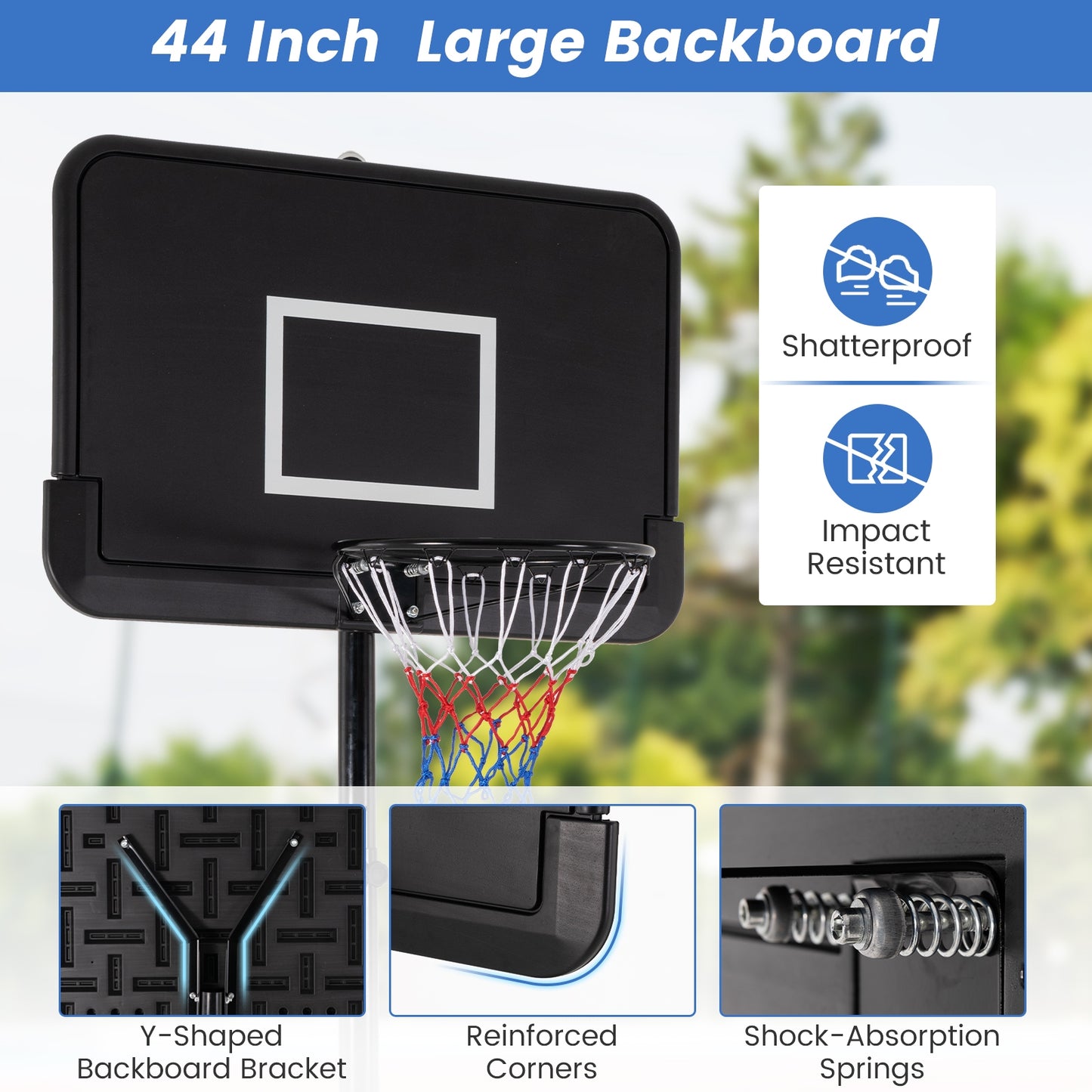 6.5-10 FT Adjustable Portable Basketball Hoop with 44 Inch Shatterproof Backboard and Fillable Base Kids Crystal