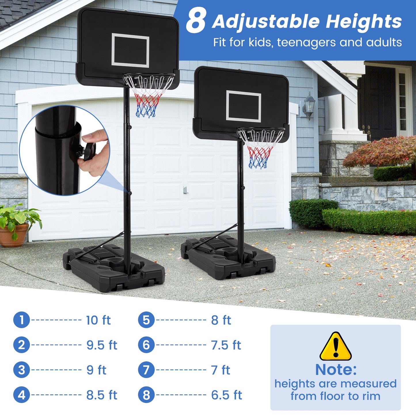 6.5-10 FT Adjustable Portable Basketball Hoop with 44 Inch Shatterproof Backboard and Fillable Base Kids Crystal
