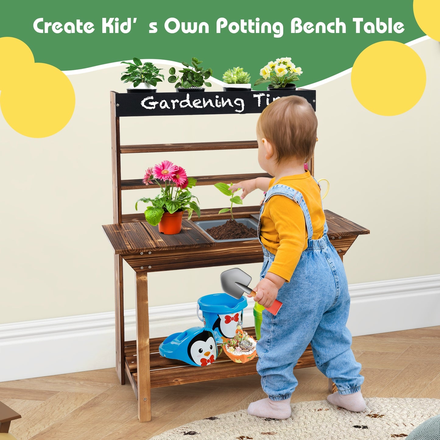 Wooden Potting Bench Table Outdoor Mud Kitchen with Solid Fir Wood Frame-Natural Kids Crystal
