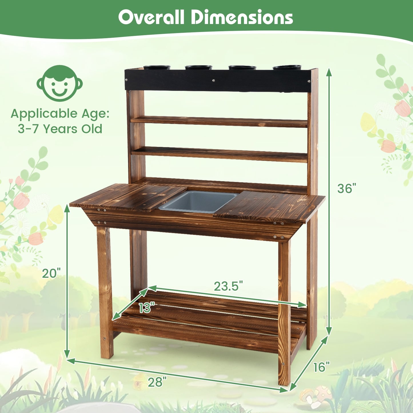 Wooden Potting Bench Table Outdoor Mud Kitchen with Solid Fir Wood Frame-Natural Kids Crystal