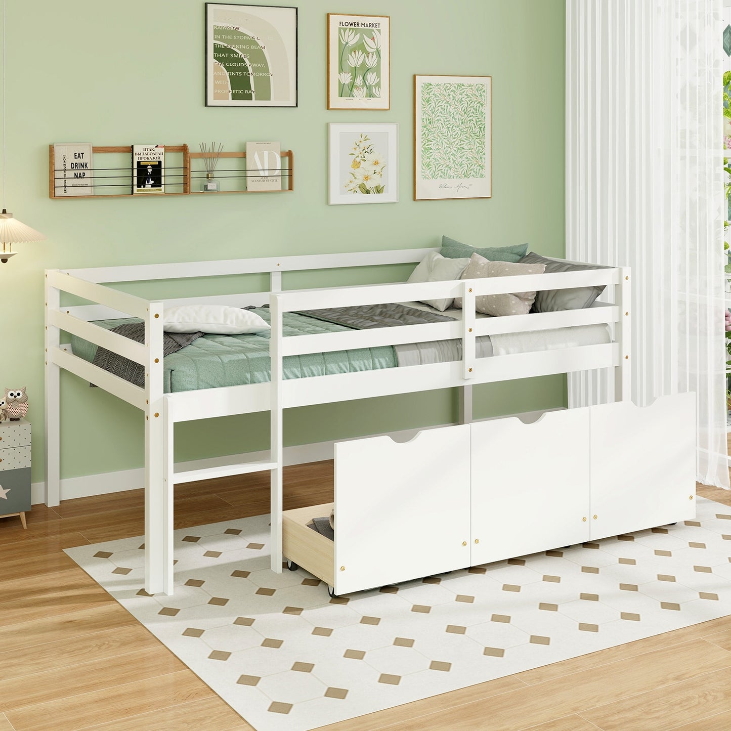 Twin Size Low Loft Bed with 3 Drawers with Ladder and Full-length Guardrails-White Kids Crystal