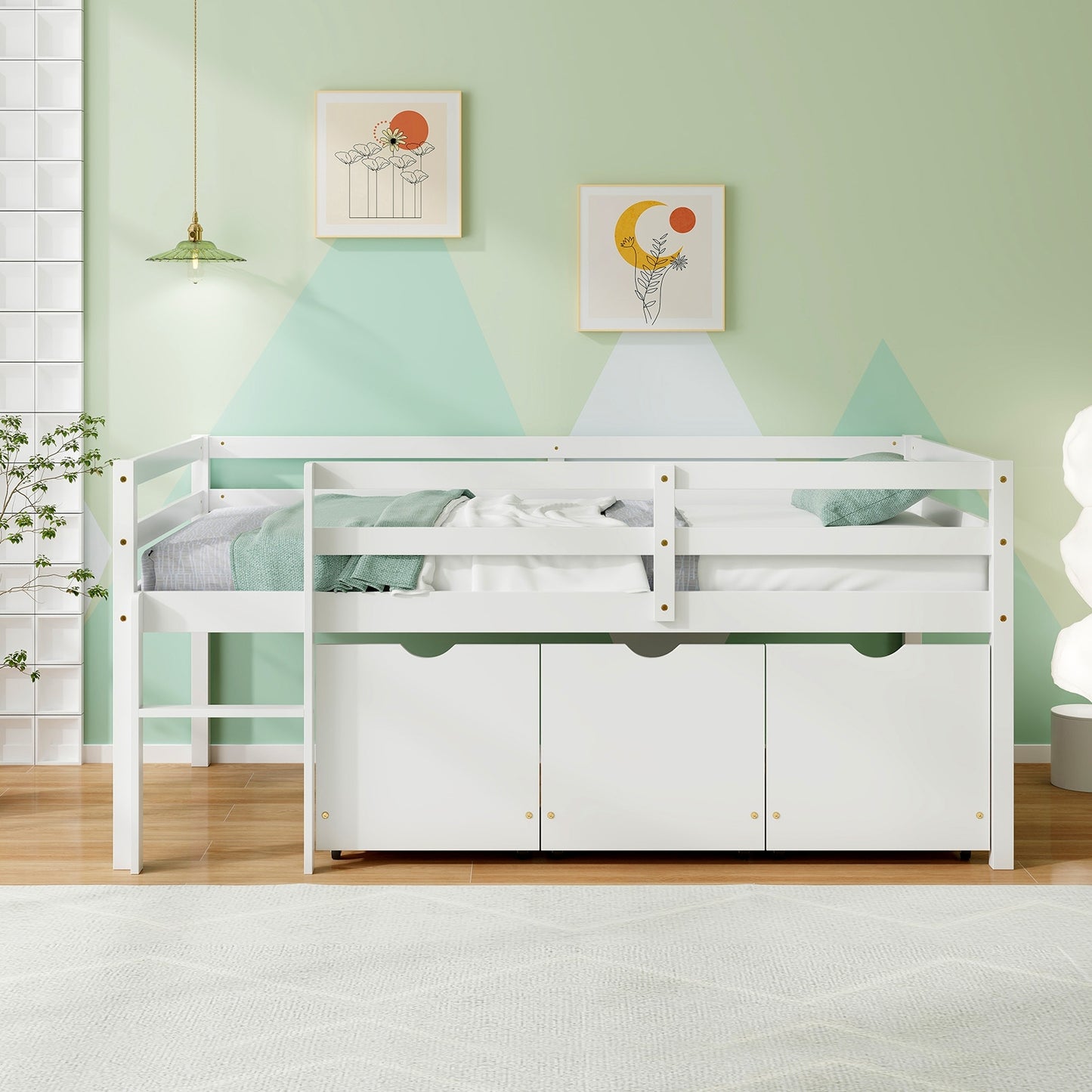 Twin Size Low Loft Bed with 3 Drawers with Ladder and Full-length Guardrails-White Kids Crystal
