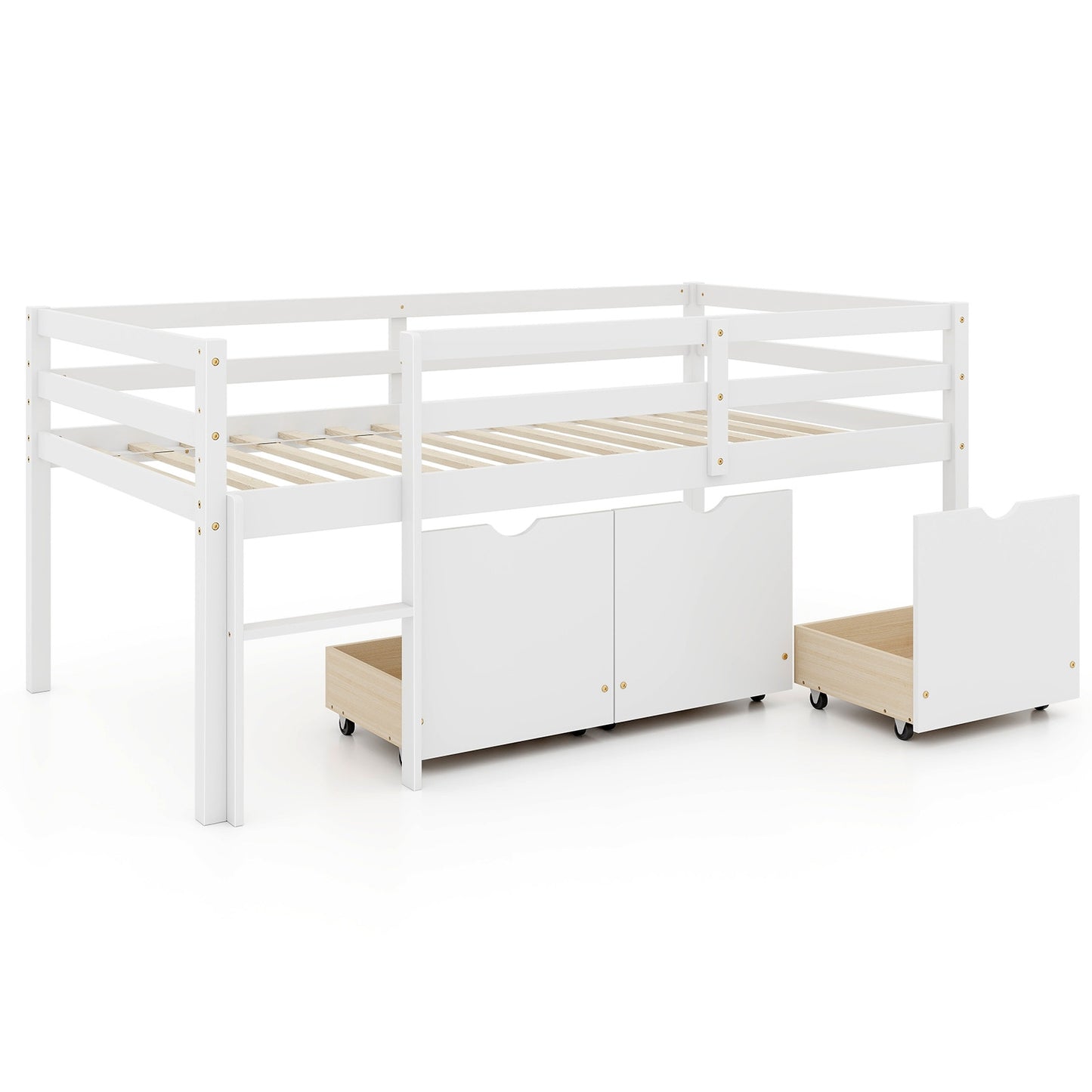 Twin Size Low Loft Bed with 3 Drawers with Ladder and Full-length Guardrails-White Kids Crystal