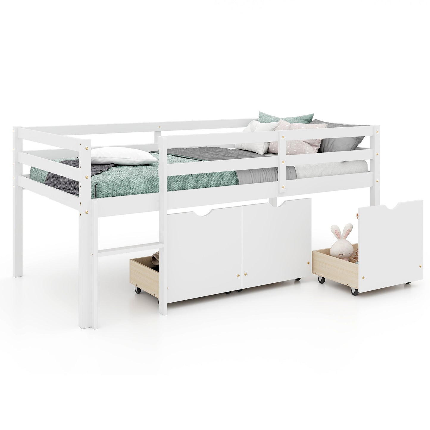 Twin Size Low Loft Bed with 3 Drawers with Ladder and Full-length Guardrails-White Kids Crystal