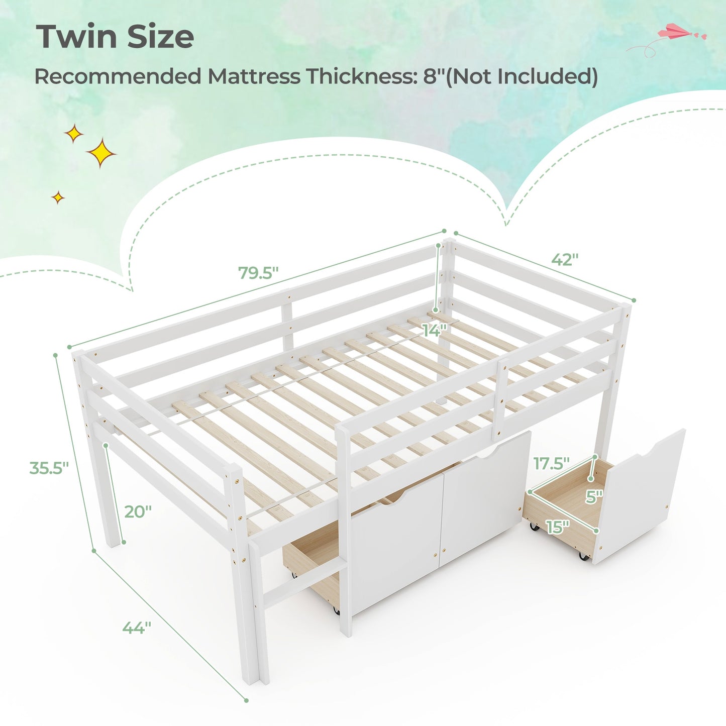 Twin Size Low Loft Bed with 3 Drawers with Ladder and Full-length Guardrails-White Kids Crystal