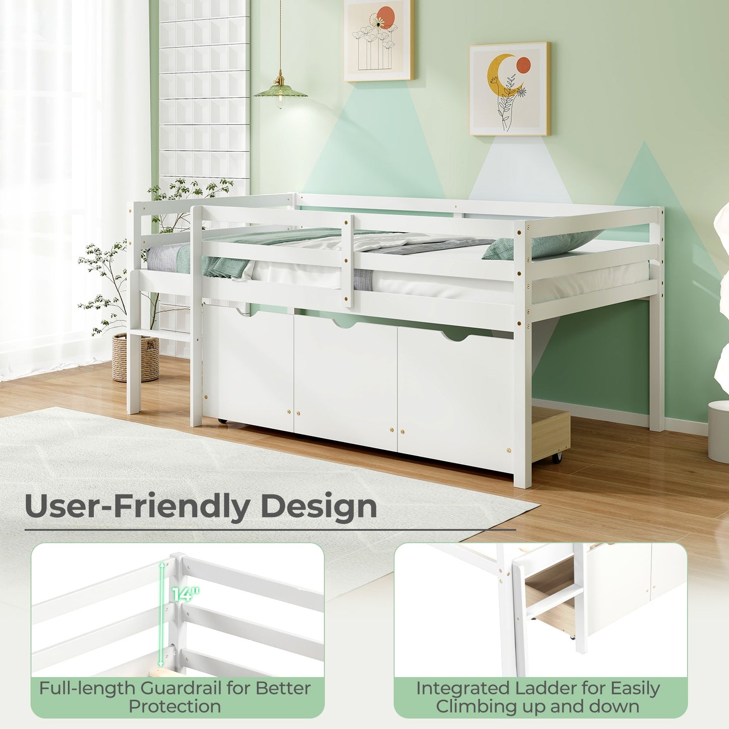 Twin Size Low Loft Bed with 3 Drawers with Ladder and Full-length Guardrails-White Kids Crystal