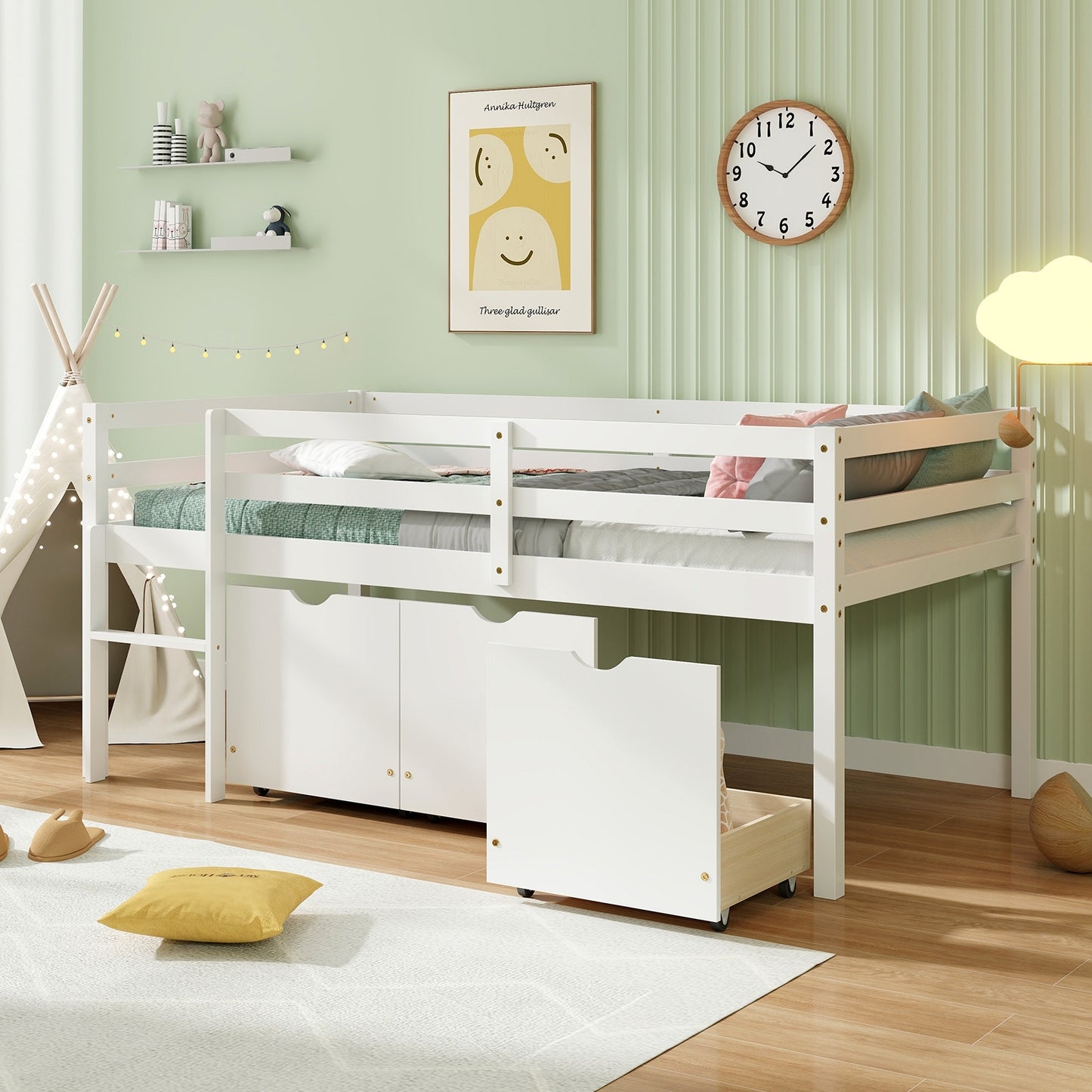 Twin Size Low Loft Bed with 3 Drawers with Ladder and Full-length Guardrails-White Kids Crystal