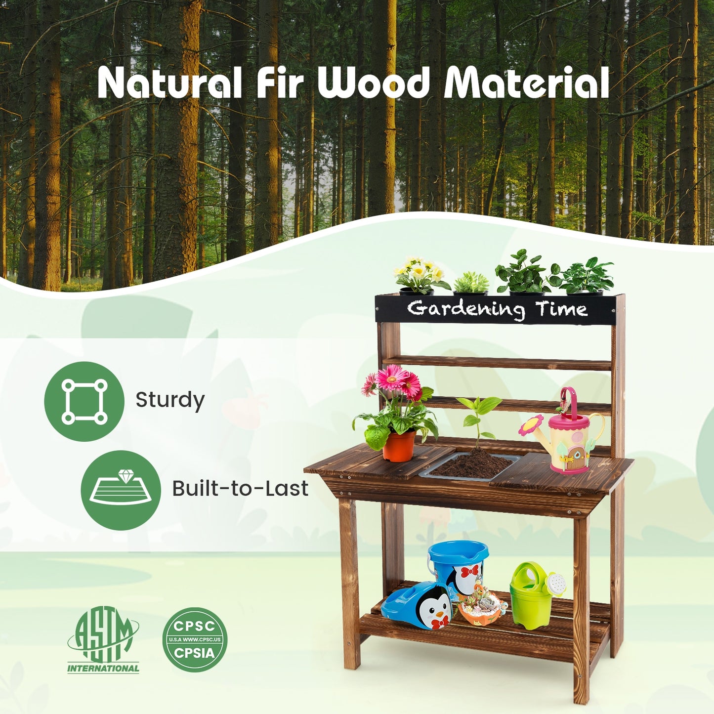Wooden Potting Bench Table Outdoor Mud Kitchen with Solid Fir Wood Frame-Natural Kids Crystal
