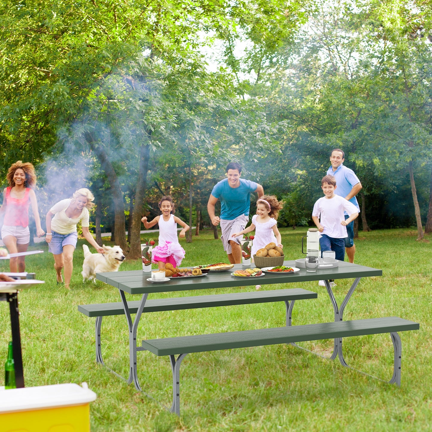 6 FT Picnic Table Bench Set Dining Table and 2 Benches with Metal Frame and HDPE Tabletop-Green Kids Crystal