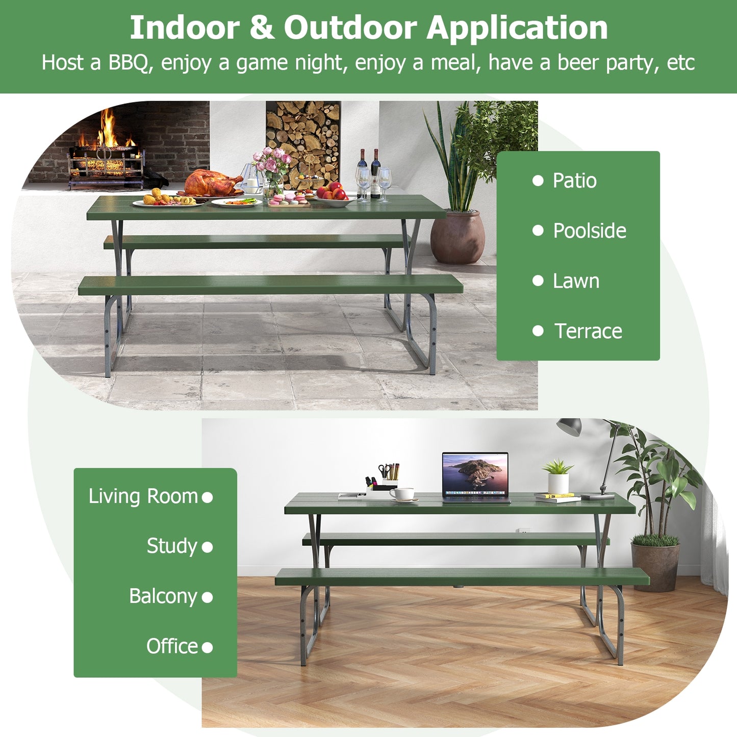 6 FT Picnic Table Bench Set Dining Table and 2 Benches with Metal Frame and HDPE Tabletop-Green Kids Crystal