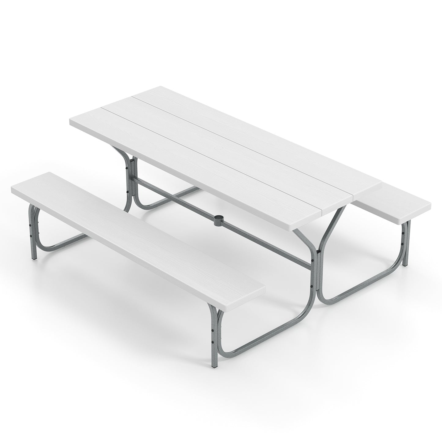 6 FT Picnic Table Bench Set Dining Table and 2 Benches with Metal Frame and HDPE Tabletop-White Kids Crystal