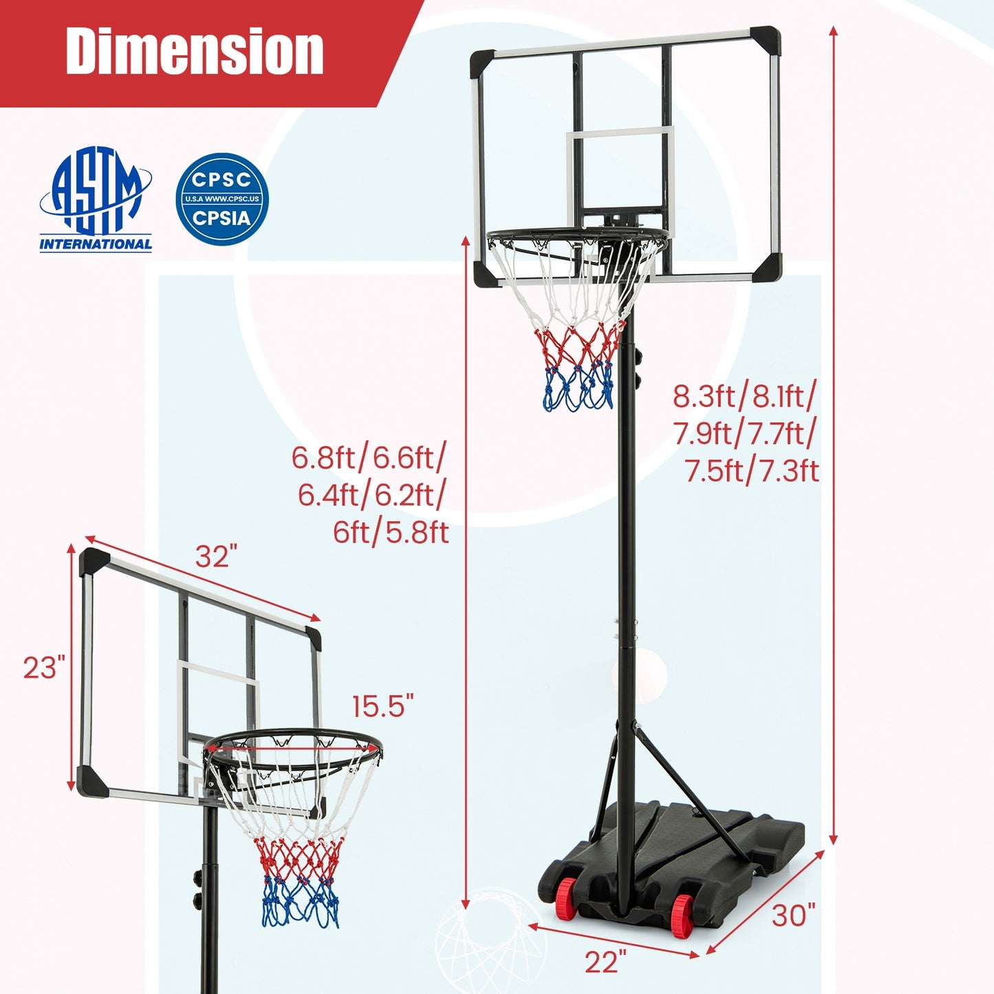 5.8-6.8 FT Basketball Hoop Height Adjustable Basketball System with Wheels and Fillable Base Kids Crystal