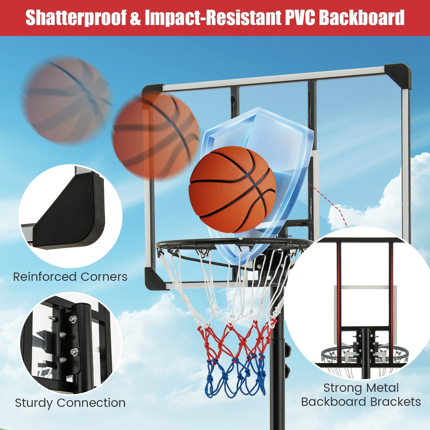 5.8-6.8 FT Basketball Hoop Height Adjustable Basketball System with Wheels and Fillable Base Kids Crystal