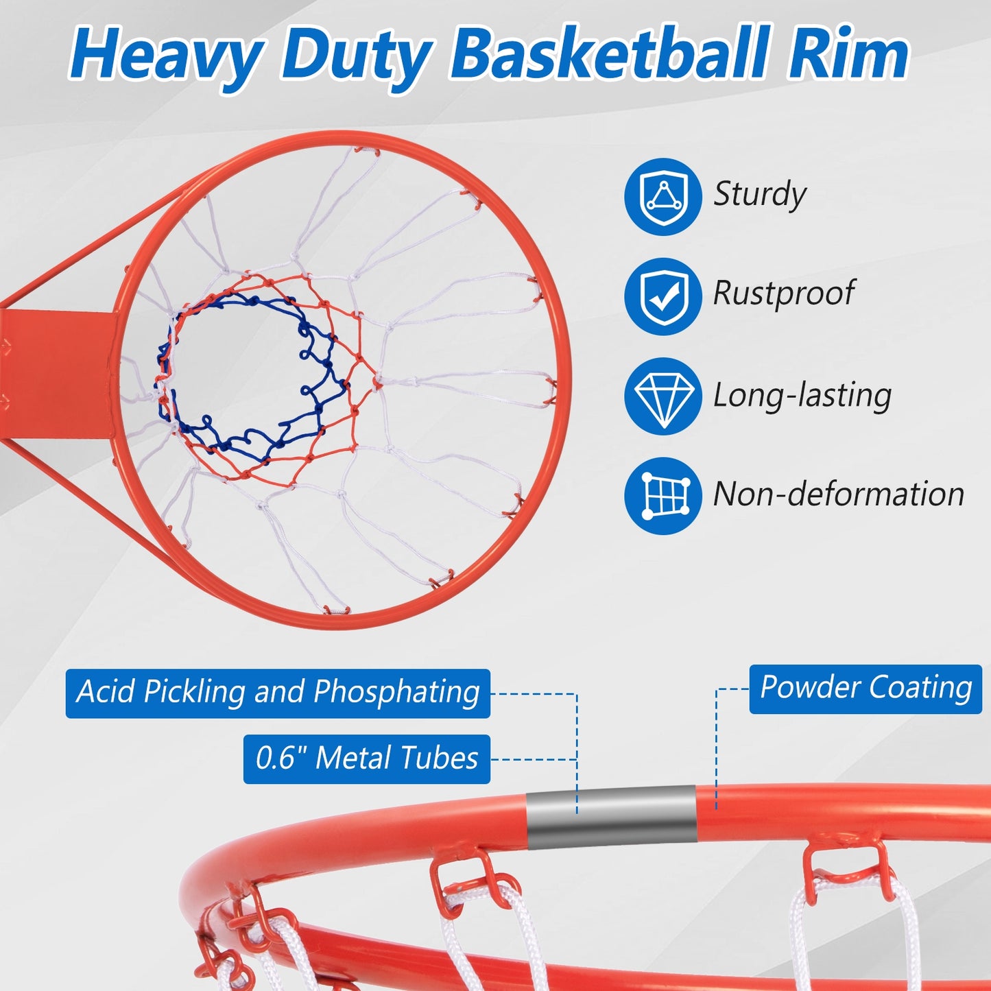 18 Inch Basketball Rim Goal Replacement with All Weather Net and Mounting Hardware-Orange Kids Crystal