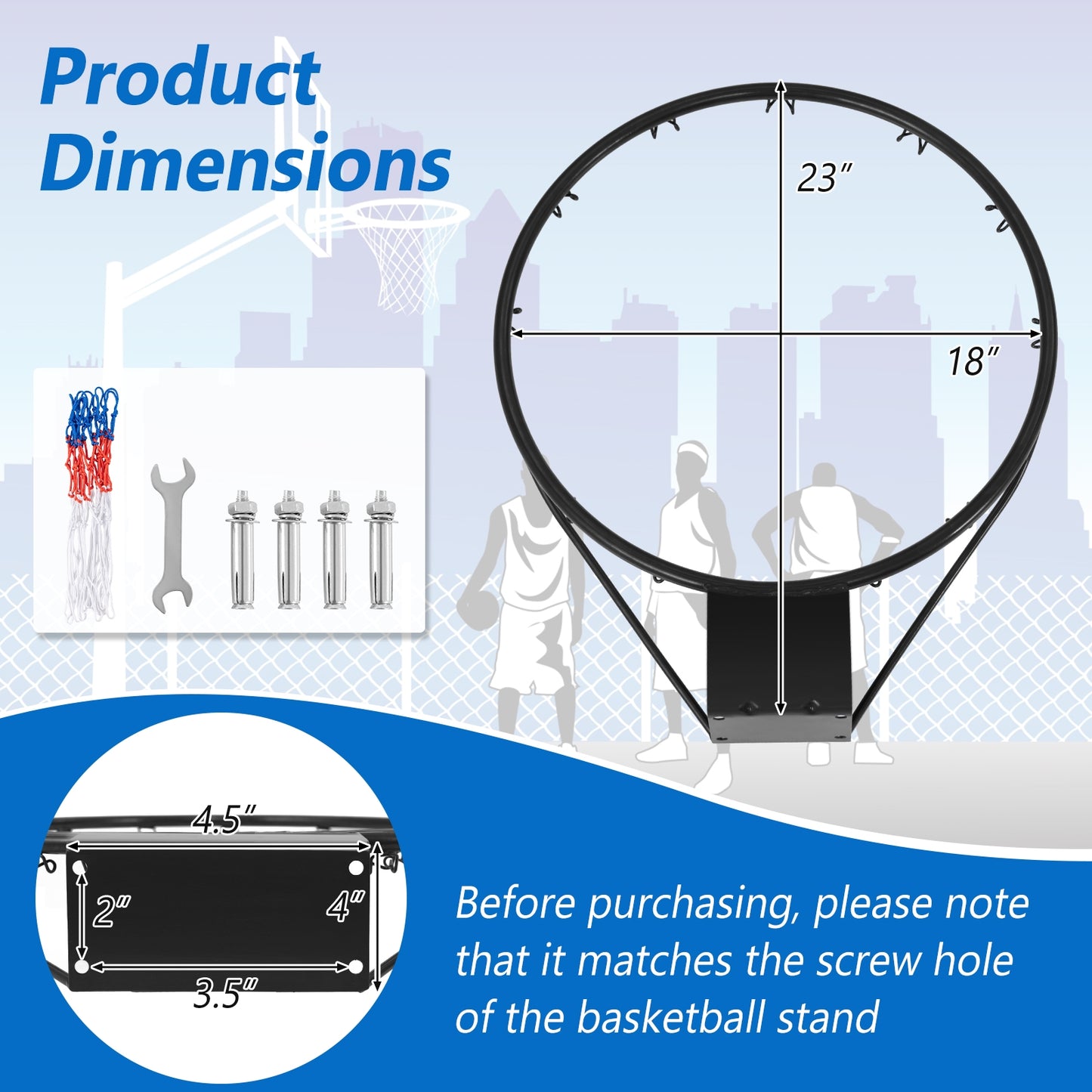 18 Inch Basketball Rim Goal Replacement with All Weather Net and Mounting Hardware-Black Kids Crystal