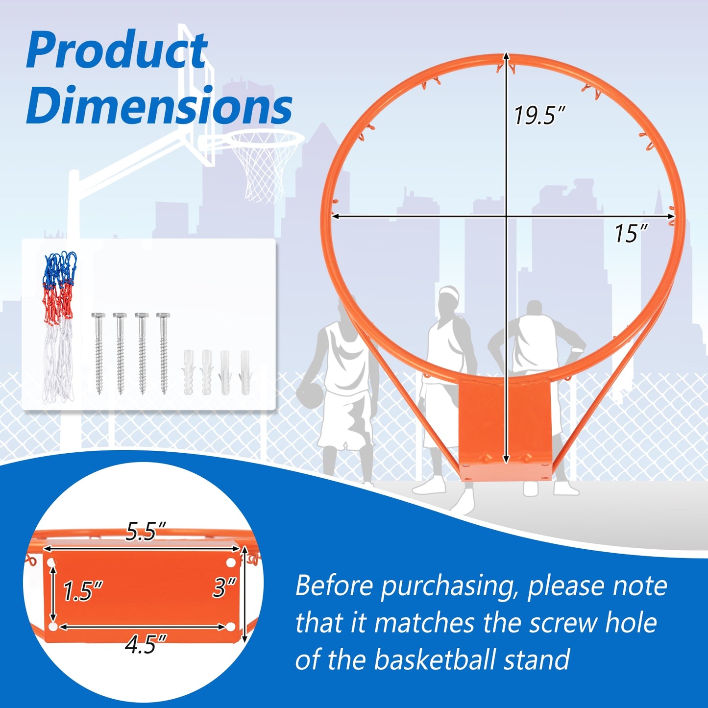 15 Inch Basketball Rim Goal Replacement with All Weather Net and Mounting Hardware-Orange Kids Crystal