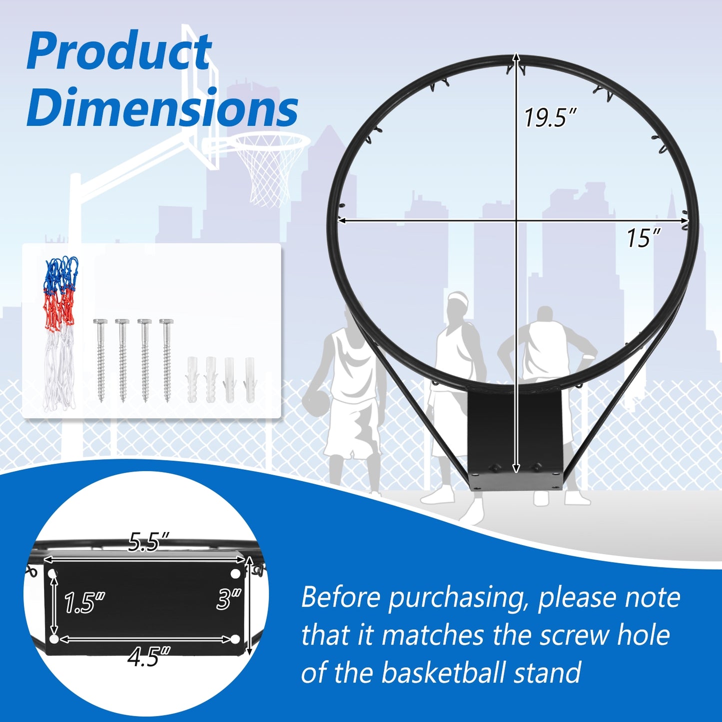 15 Inch Basketball Rim Goal Replacement with All Weather Net and Mounting Hardware-Black Kids Crystal