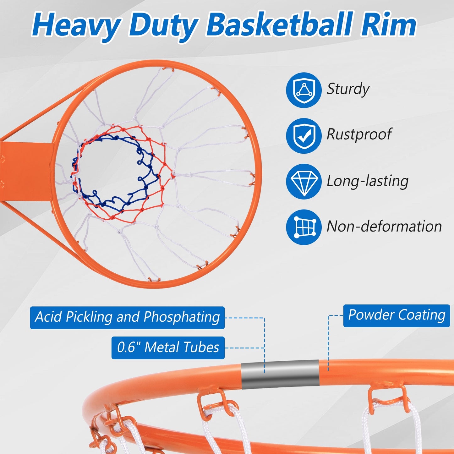 15 Inch Basketball Rim Goal Replacement with All Weather Net and Mounting Hardware-Orange Kids Crystal