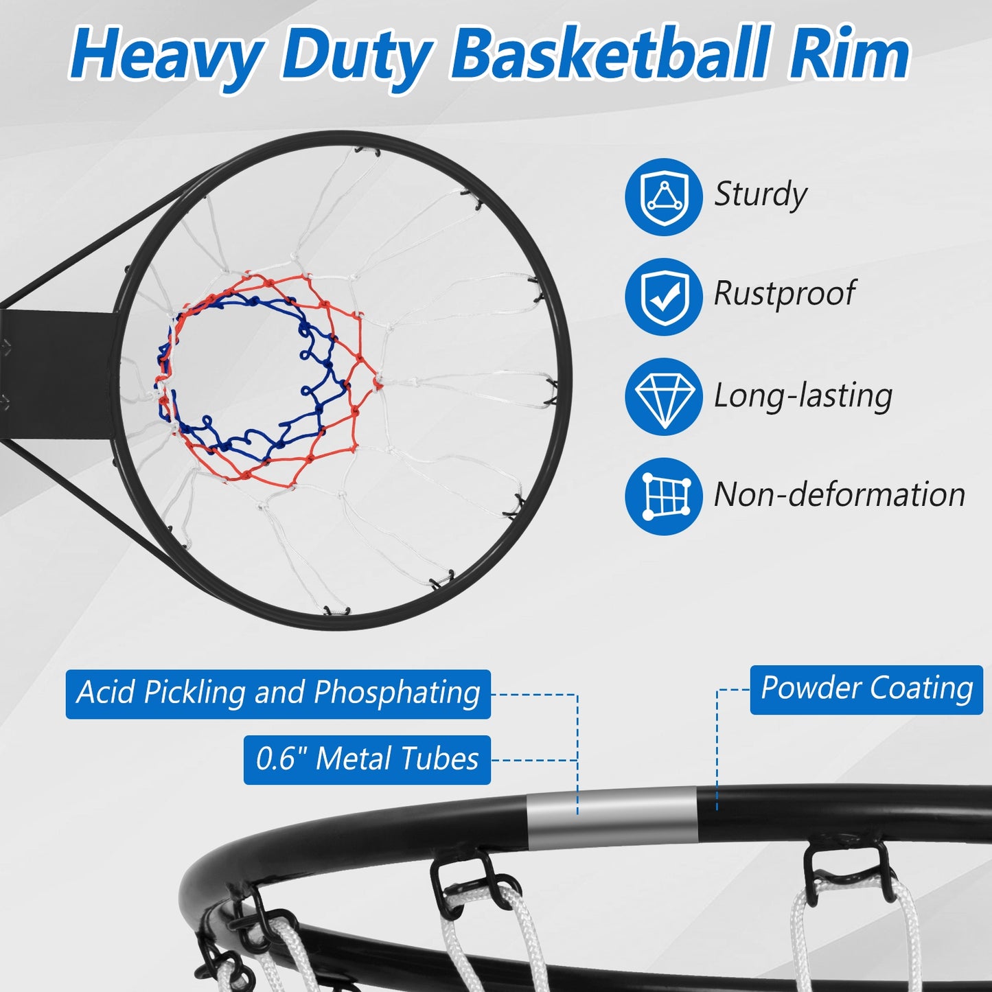 15 Inch Basketball Rim Goal Replacement with All Weather Net and Mounting Hardware-Black Kids Crystal