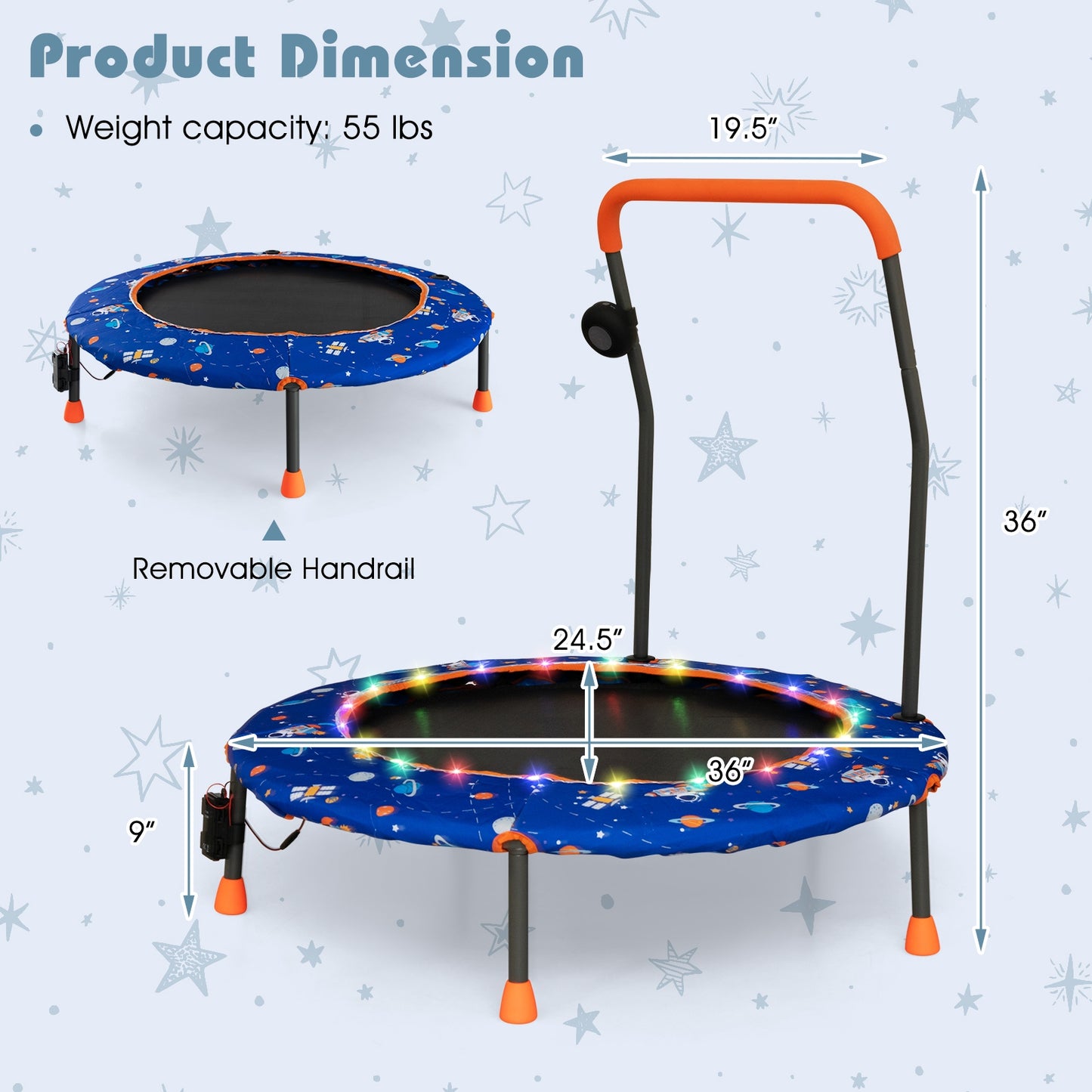 36 Inch Mini Trampoline with Colorful LED Lights and Bluetooth Speaker-Blue Kids Crystal