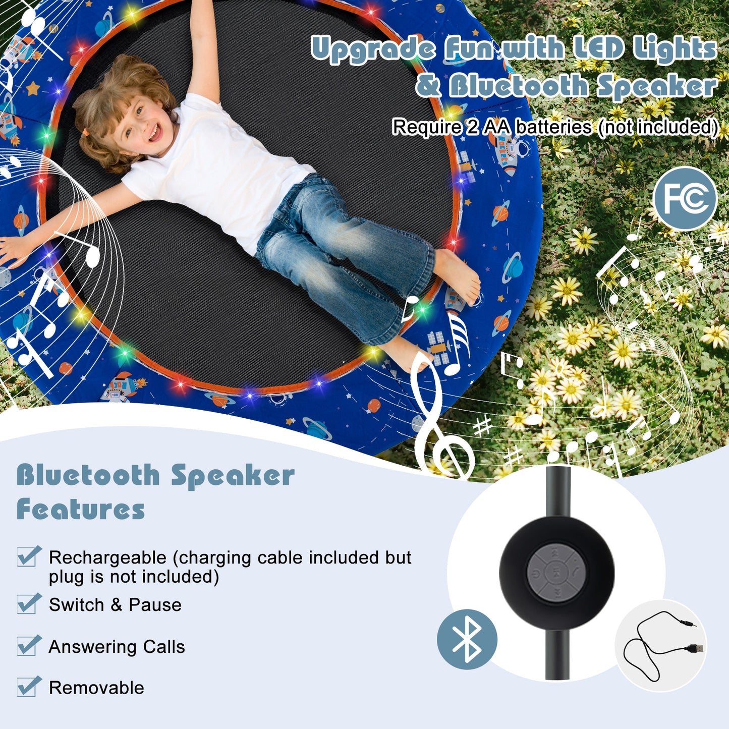 36 Inch Mini Trampoline with Colorful LED Lights and Bluetooth Speaker-Blue Kids Crystal