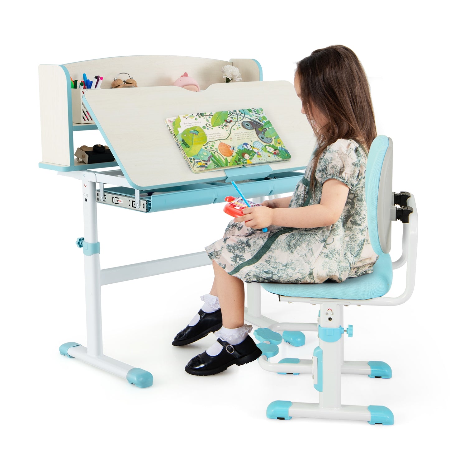 Kids Desk and Chair Set with Adjustable Height and Tilted Desktop-Blue Kids Crystal