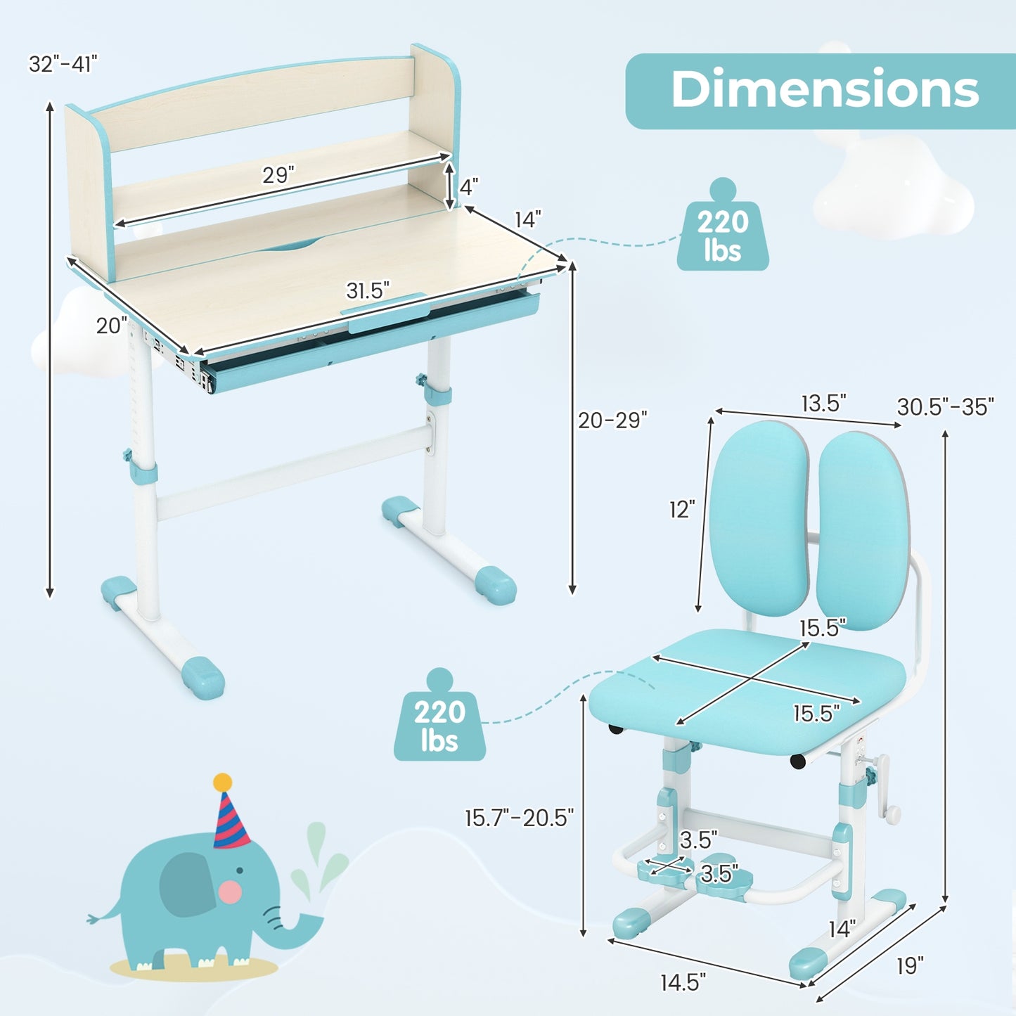 Kids Desk and Chair Set with Adjustable Height and Tilted Desktop-Blue Kids Crystal