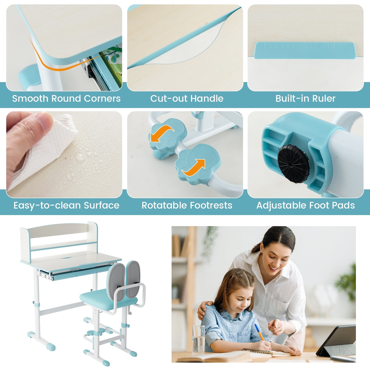 Kids Desk and Chair Set with Adjustable Height and Tilted Desktop-Blue Kids Crystal