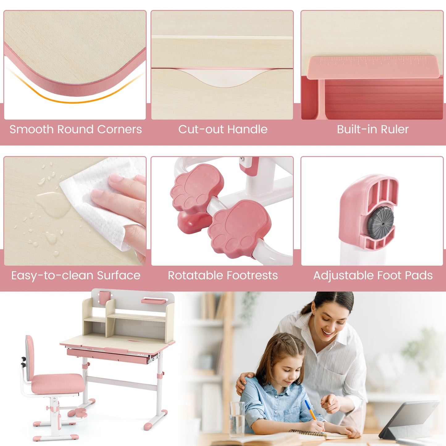 Height Adjustable Children School Home Study Table and Chair Set with Tilted Desktop for 3-12 Years Old-Pink Kids Crystal