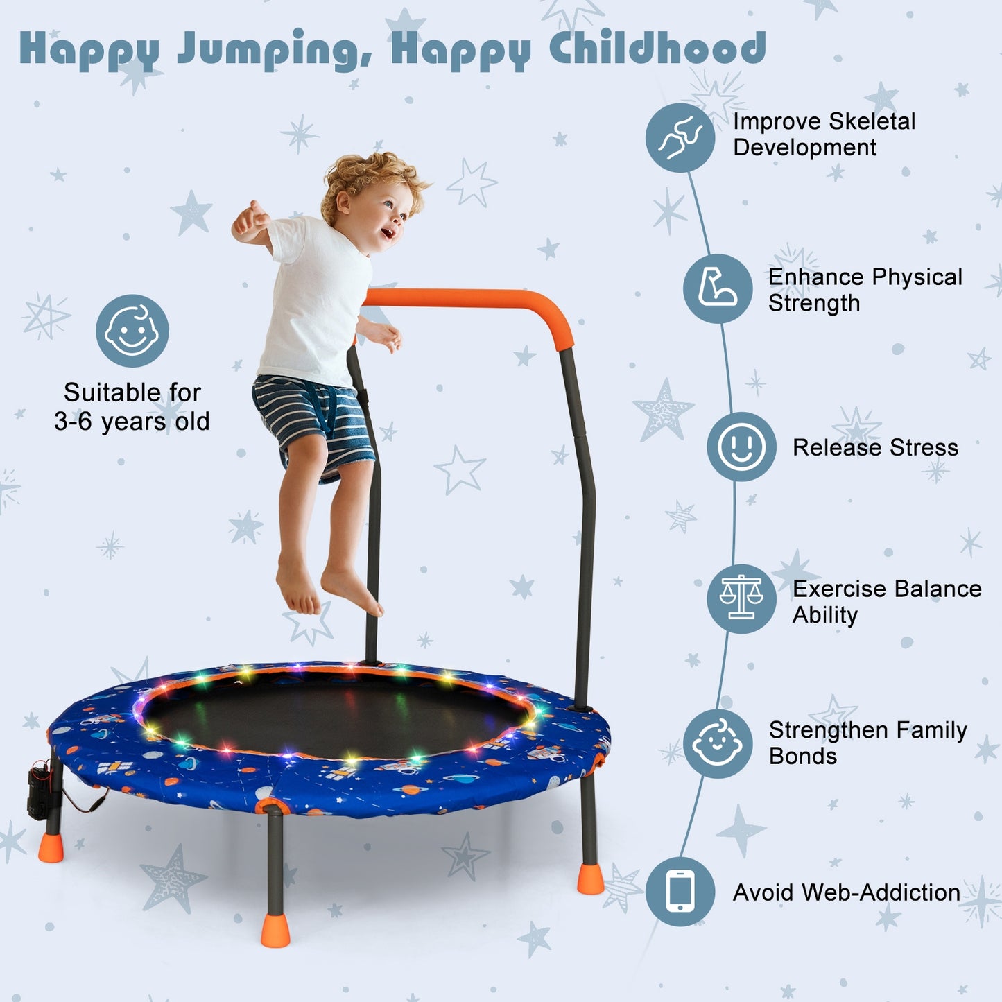 36 Inch Mini Trampoline with Colorful LED Lights and Bluetooth Speaker-Blue Kids Crystal