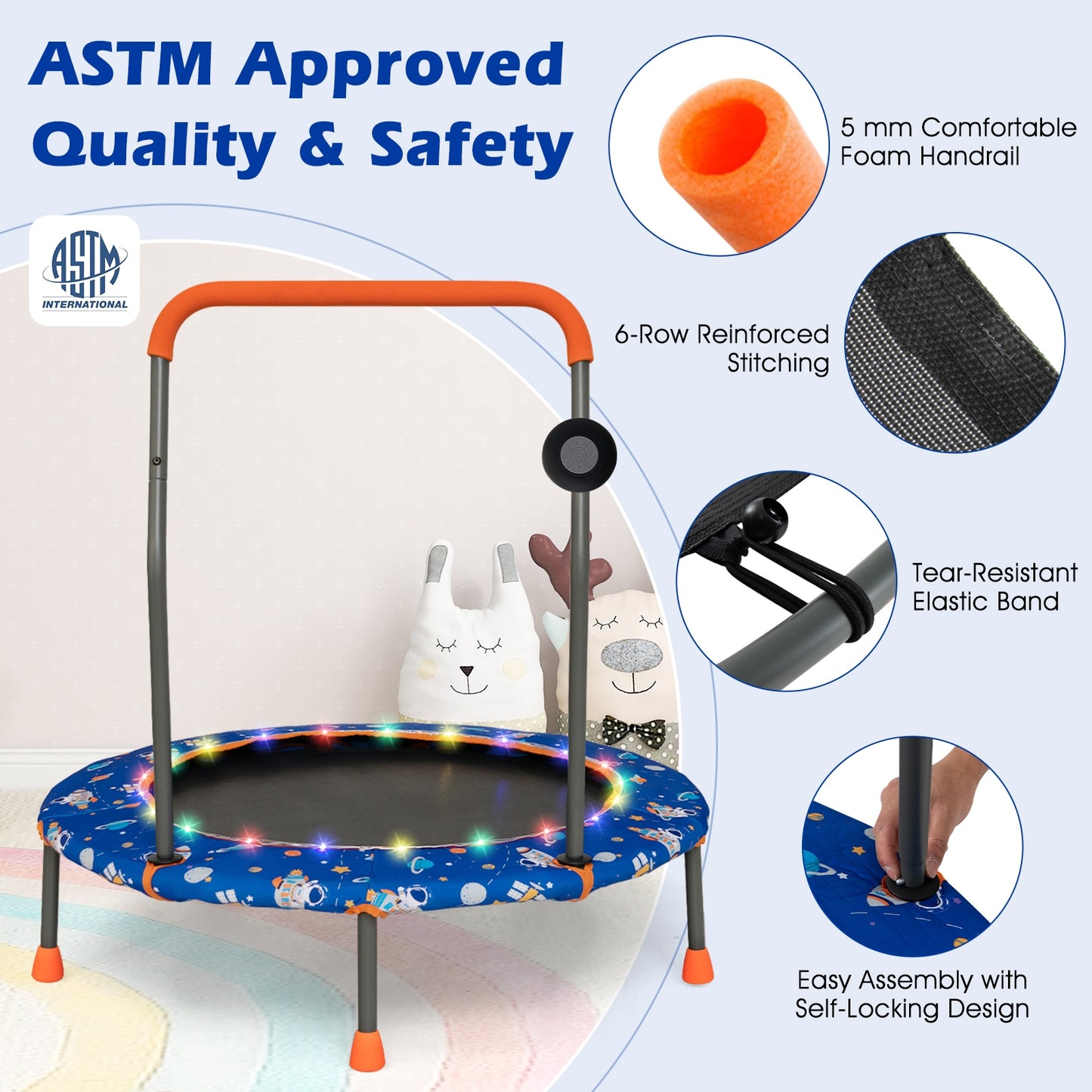 36 Inch Mini Trampoline with Colorful LED Lights and Bluetooth Speaker-Blue Kids Crystal