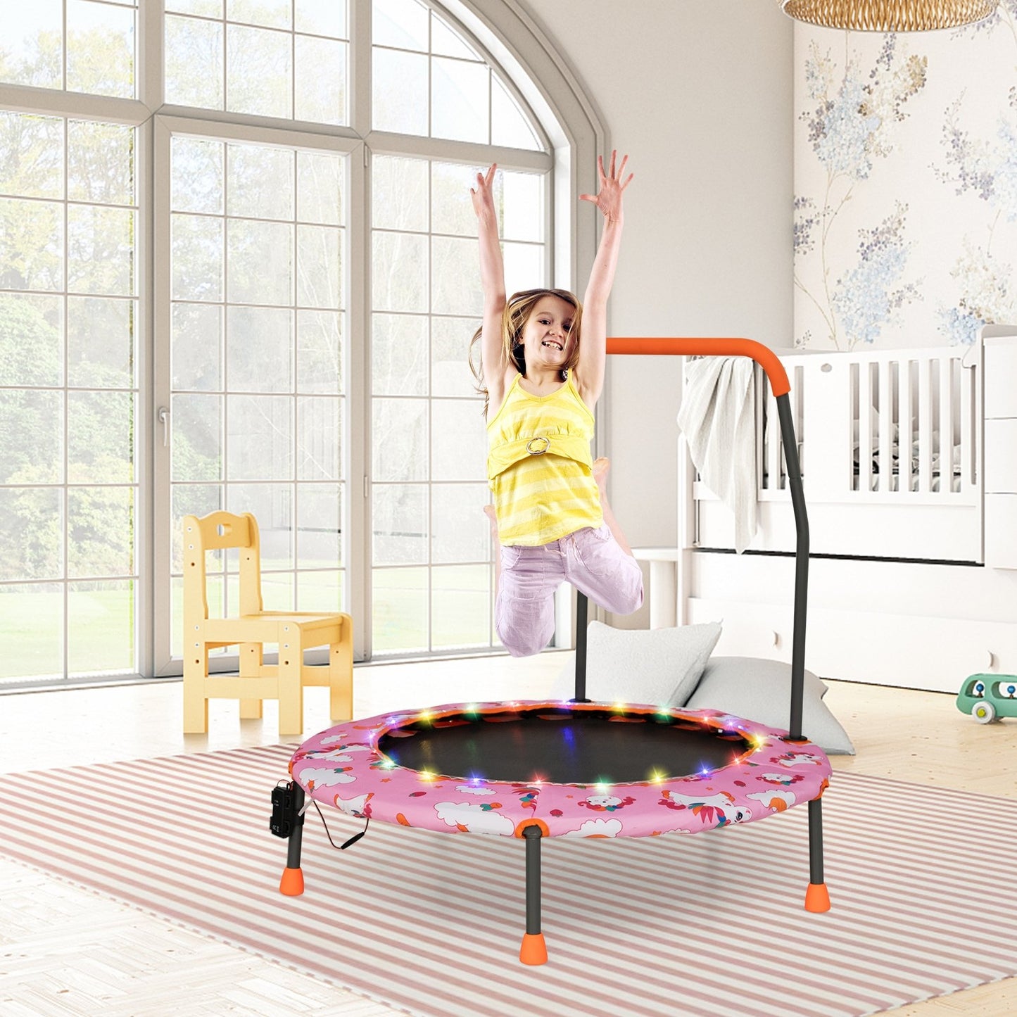 36 Inch Mini Trampoline with Colorful LED Lights and Bluetooth Speaker-Pink Kids Crystal