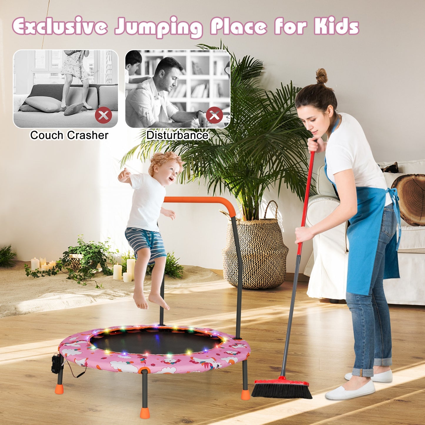 36 Inch Mini Trampoline with Colorful LED Lights and Bluetooth Speaker-Pink Kids Crystal