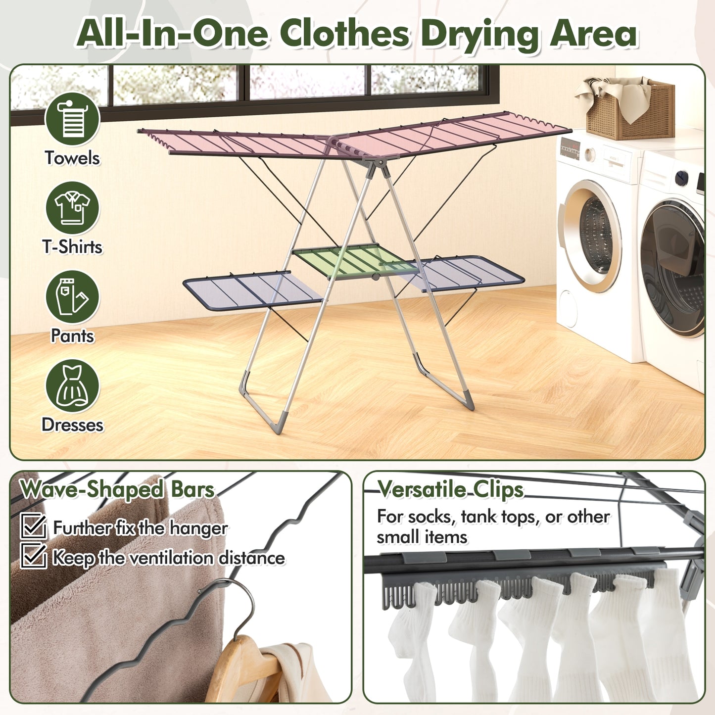 2-Tier Clothes Drying Rack with 33 Drying Rails and Height Adjustable Gullwings Kids Crystal