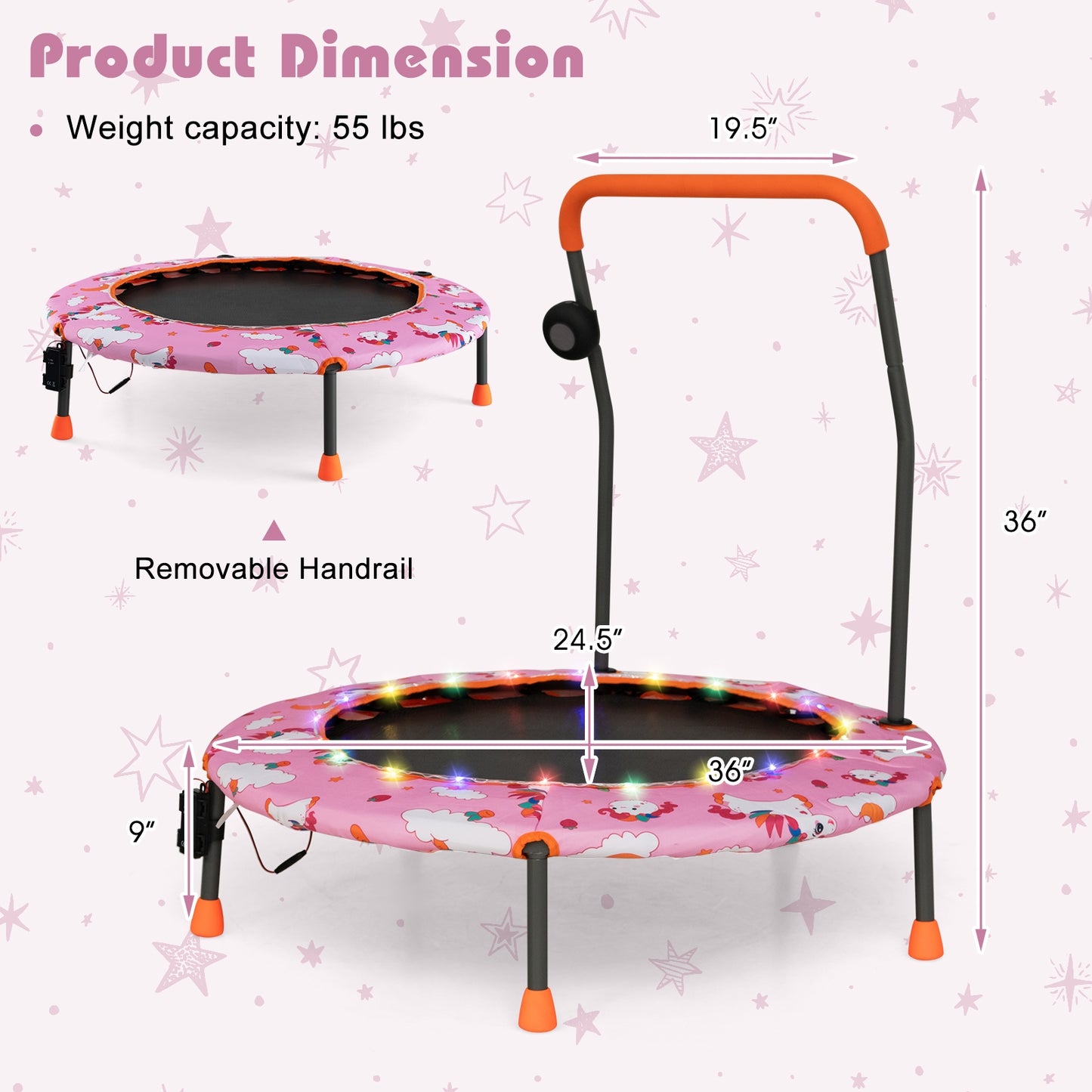36 Inch Mini Trampoline with Colorful LED Lights and Bluetooth Speaker-Pink Kids Crystal