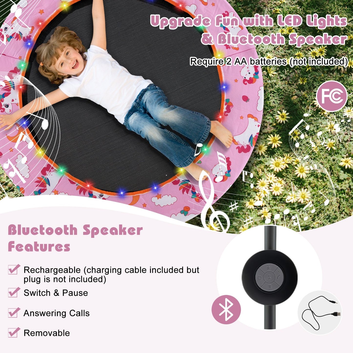 36 Inch Mini Trampoline with Colorful LED Lights and Bluetooth Speaker-Pink Kids Crystal