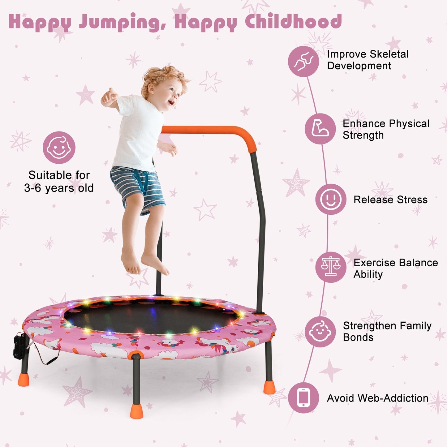 36 Inch Mini Trampoline with Colorful LED Lights and Bluetooth Speaker-Pink Kids Crystal