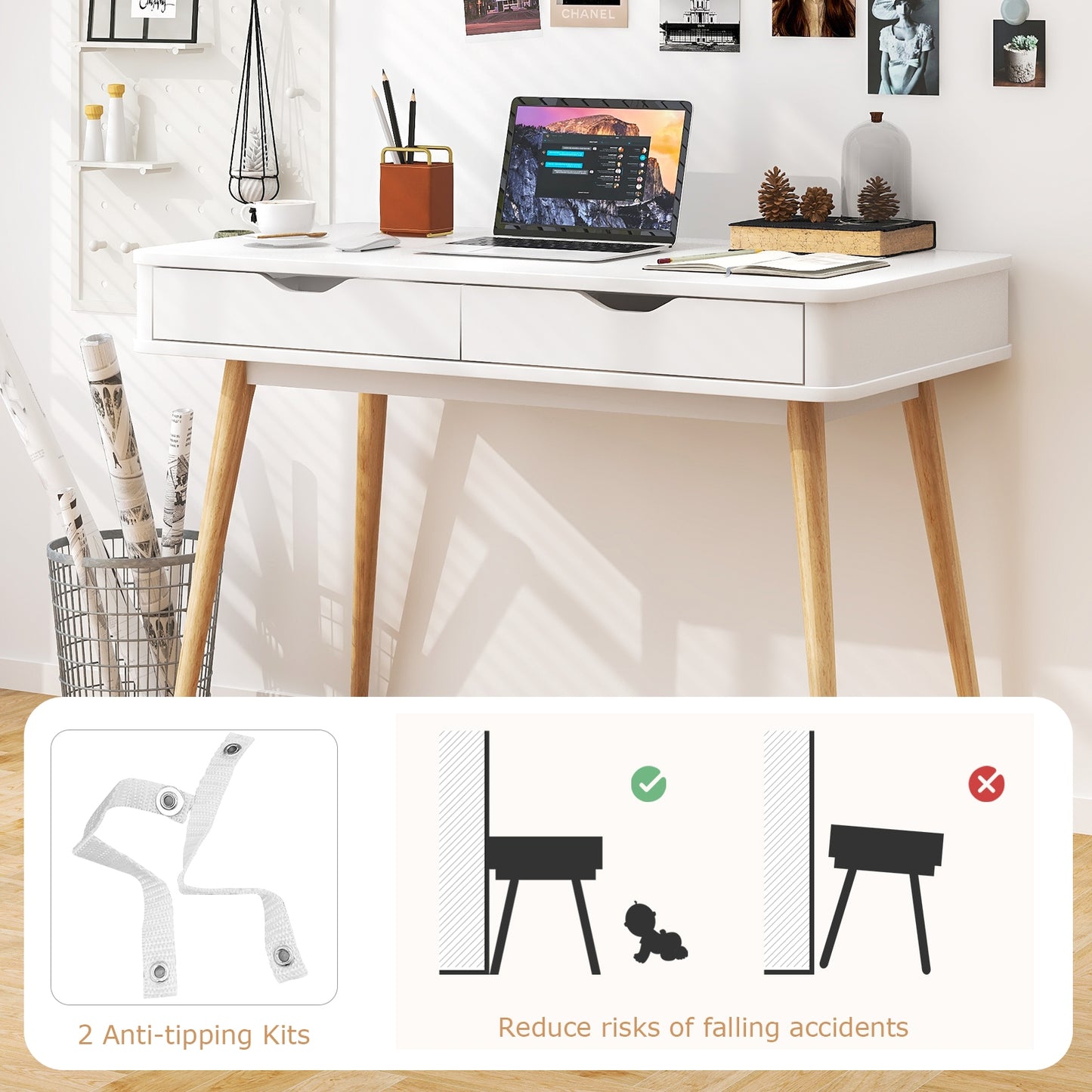 43.5 Inch Computer Desk with 2 Drawers for Small Spaces-White Kids Crystal