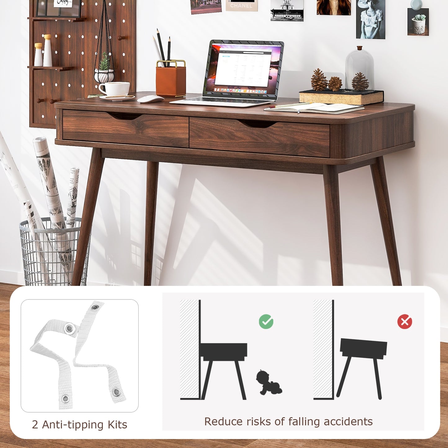 43.5 Inch Computer Desk with 2 Drawers for Small Spaces-Walnut Kids Crystal