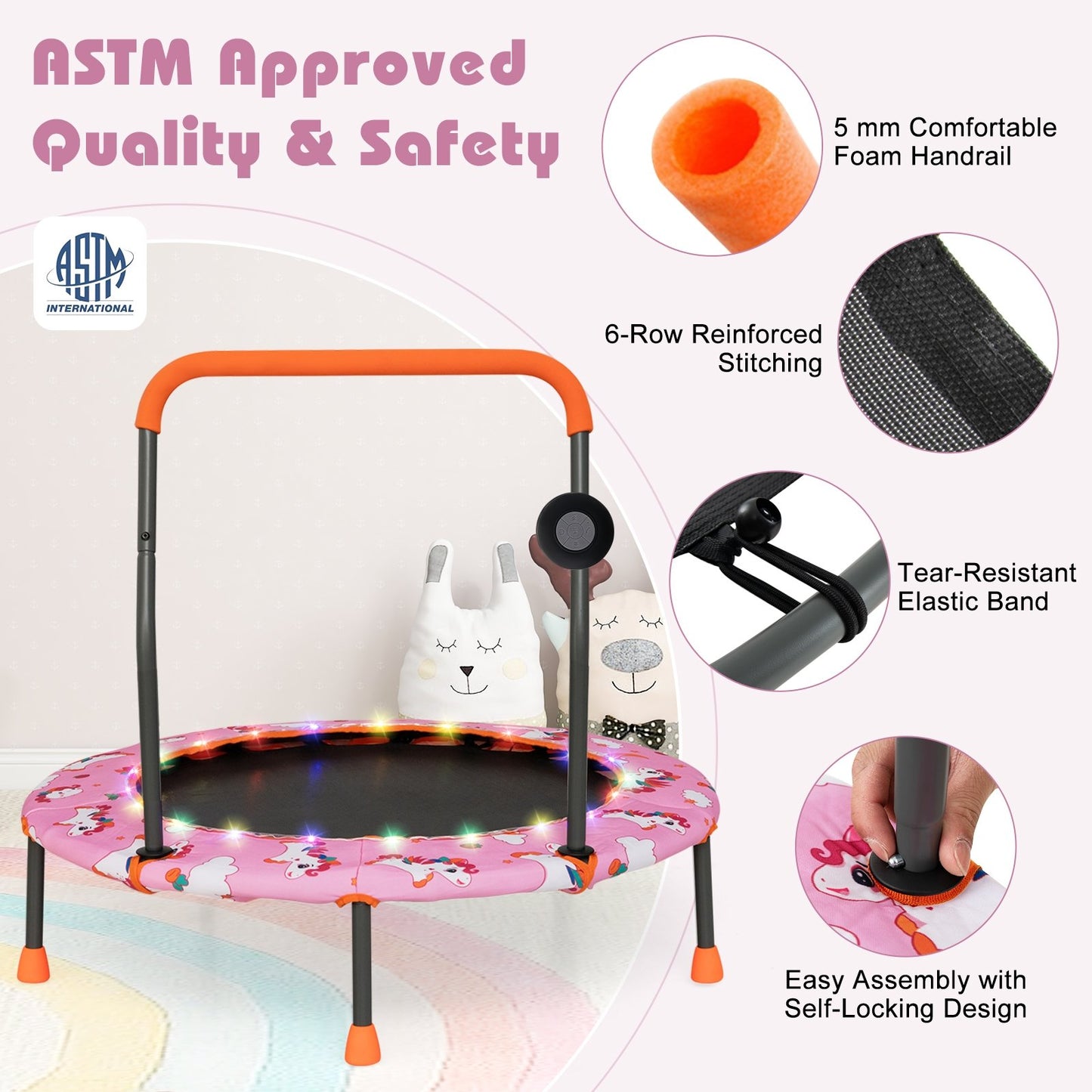 36 Inch Mini Trampoline with Colorful LED Lights and Bluetooth Speaker-Pink Kids Crystal