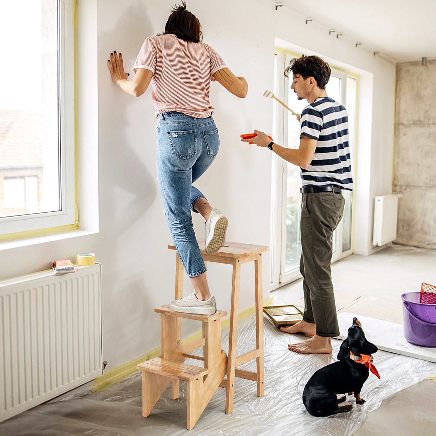 3-in-1 Rubber Wood 3 Tier Folding Step Stool Ladder Storage Shelf-Natural