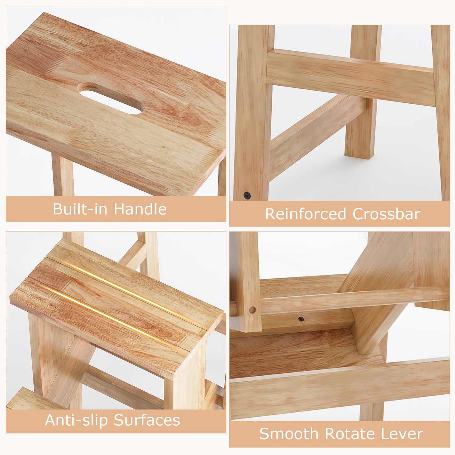 3-in-1 Rubber Wood 3 Tier Folding Step Stool Ladder Storage Shelf-Natural Kids Crystal