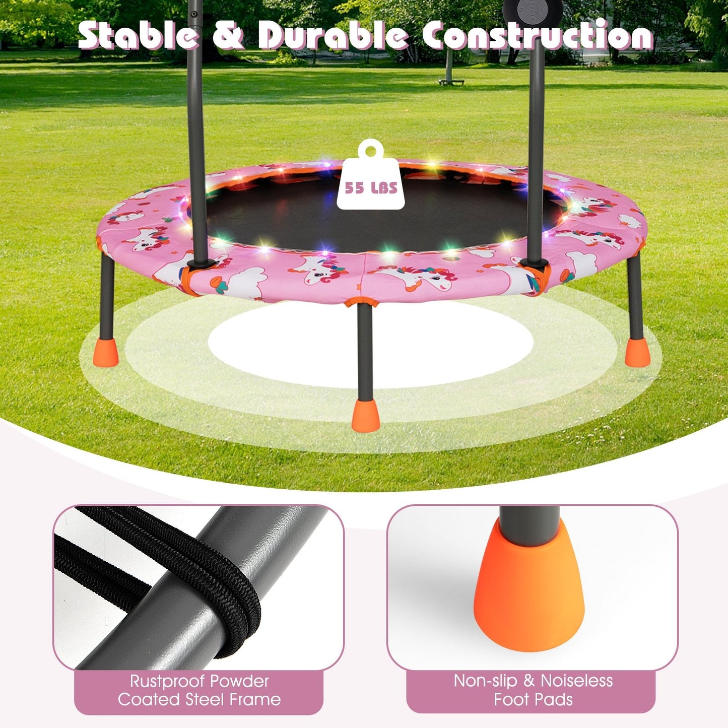 36 Inch Mini Trampoline with Colorful LED Lights and Bluetooth Speaker-Pink Kids Crystal