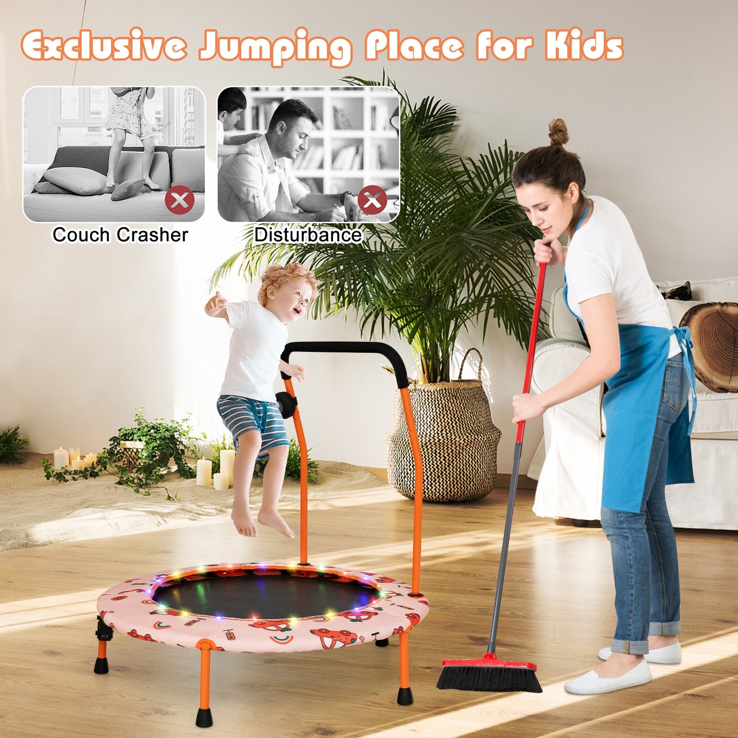 36 Inch Mini Trampoline with Colorful LED Lights and Bluetooth Speaker-Orange Kids Crystal