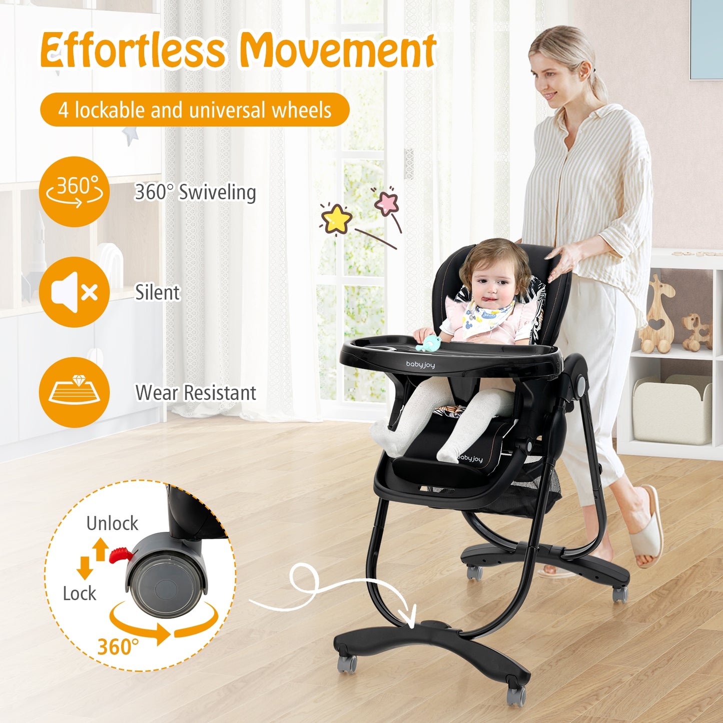 Multifunctional Folding Baby High Chair with Rolling Wheels and Adjustable Height-Black Kids Crystal