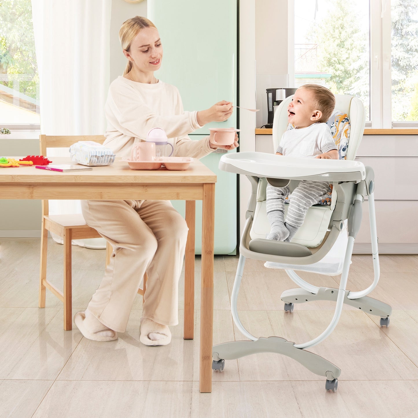 Multifunctional Folding Baby High Chair with Rolling Wheels and Adjustable Height-White Kids Crystal