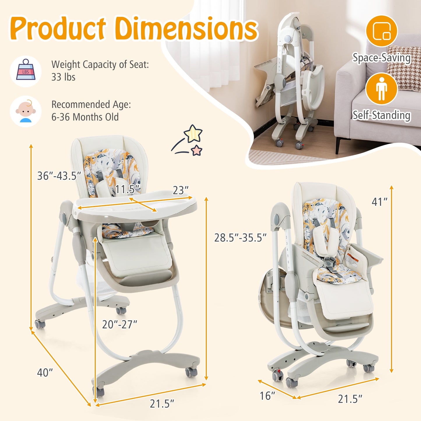 Multifunctional Folding Baby High Chair with Rolling Wheels and Adjustable Height-White Kids Crystal