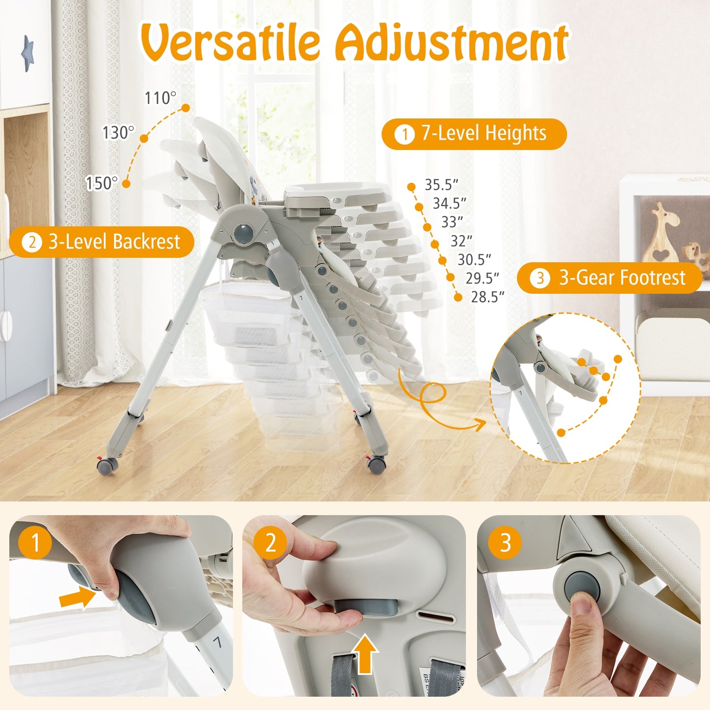 Multifunctional Folding Baby High Chair with Rolling Wheels and Adjustable Height-White Kids Crystal