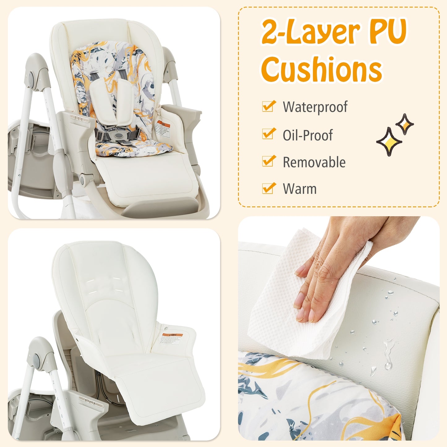 Multifunctional Folding Baby High Chair with Rolling Wheels and Adjustable Height-White Kids Crystal